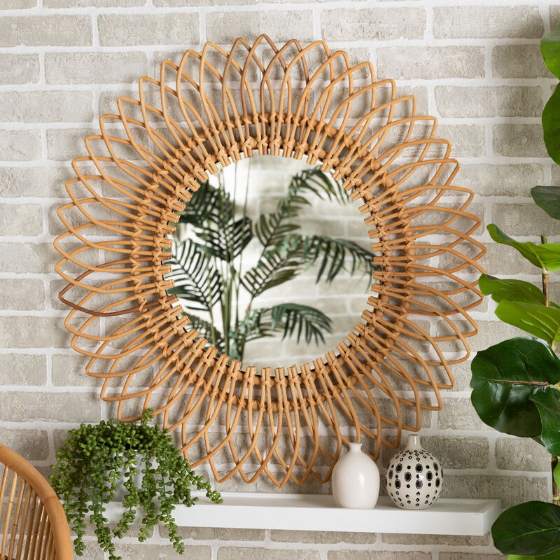 Baxton Studio Bora Modern Bohemian Natural Brown Rattan Accent Wall Mirror image number 1