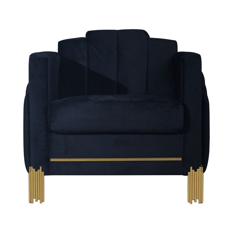 Theo Accent Chair, Black Velvet, Blue LED Lights, Gold Metal Legs - Benzara