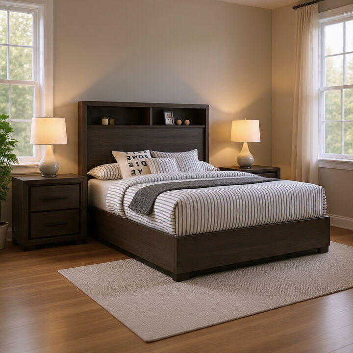 Queen Bedroom Set in Gray & Black Wood &ndash; 2 Piece Set with Nightstand