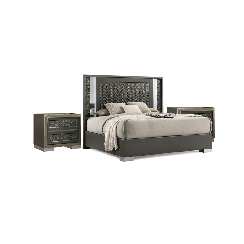 3pc King Bedroom Set, Dark Gray, Taupe Gray, White Wood, 2 Nightstands image number 0