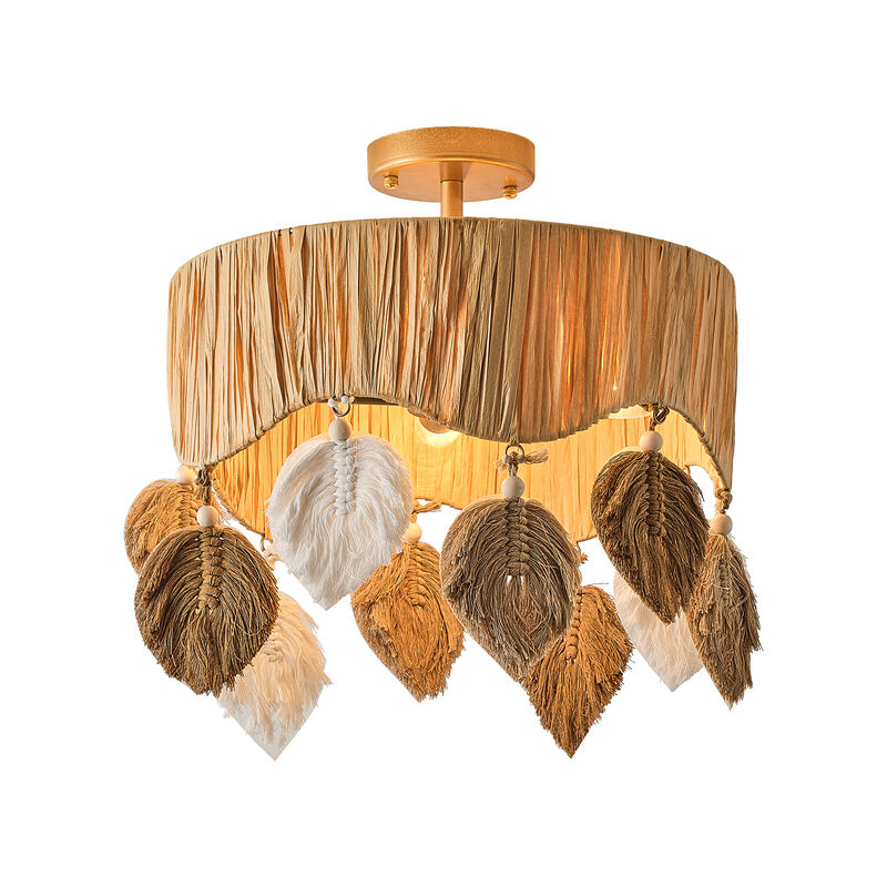 15.7" 4-Light Boho Antique Gold Handwoven Raffia Semi-Flush Mount Ceiling Light with Leaf-Shaped Cotton Cord Hanging Ornament for Bedroom, Living Room or Entryway image number 0