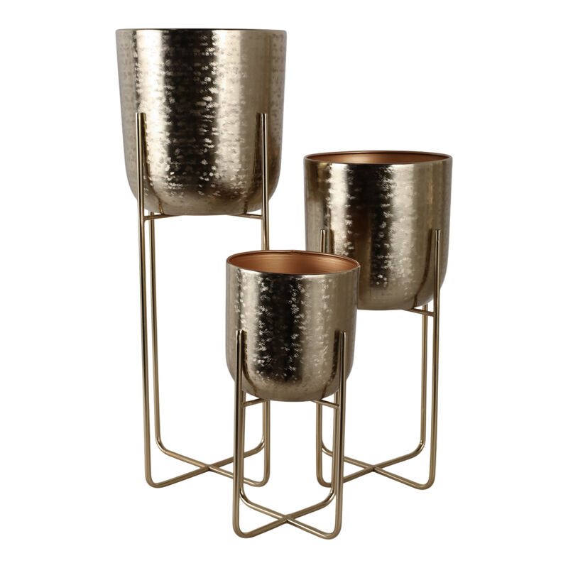S/3 15/20/27" Etched Metal Planter On Stand, Gold image number 5
