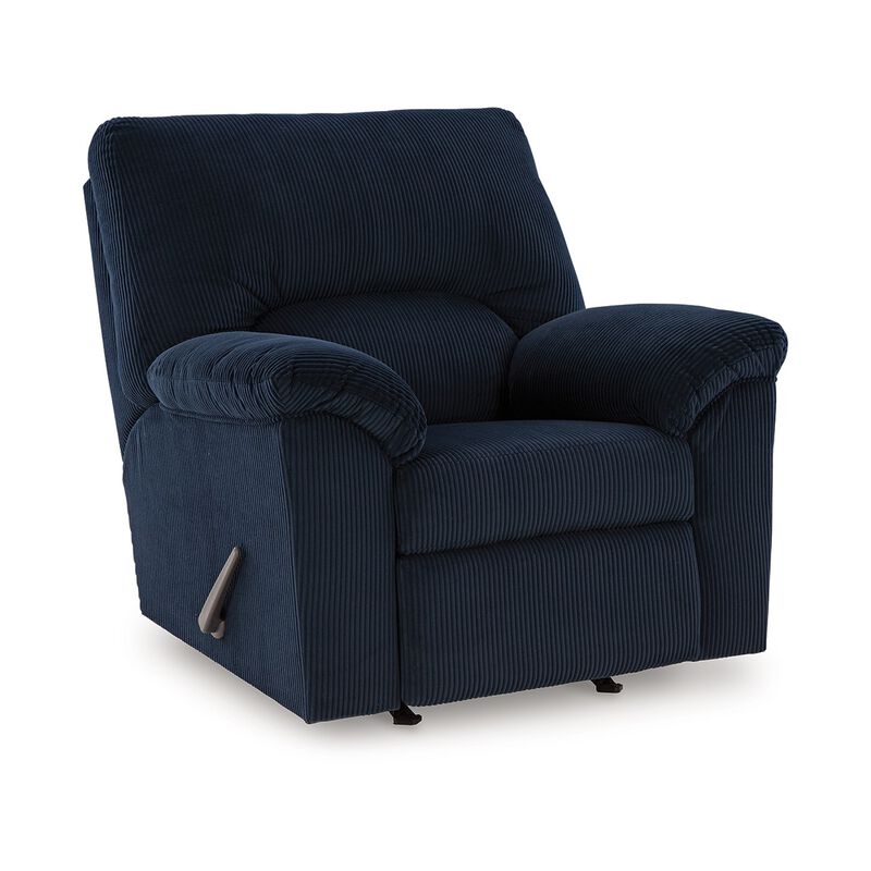 Simy Rocker Recliner Chair, Pillow Top Arms, Dark Navy Blue Corduroy - Benzara
