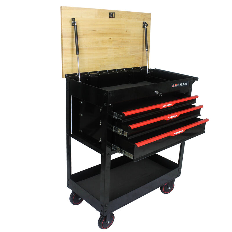 3-Drawer Rolling Tool Cart with Wooden Top for Garage or Workshop Storage