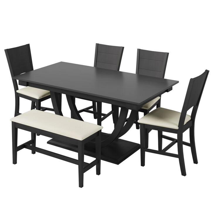 Whisen Modern 6-Piece Wood Half Round Legs Dining Set with 4 Upholstered Chairs and Long Bench