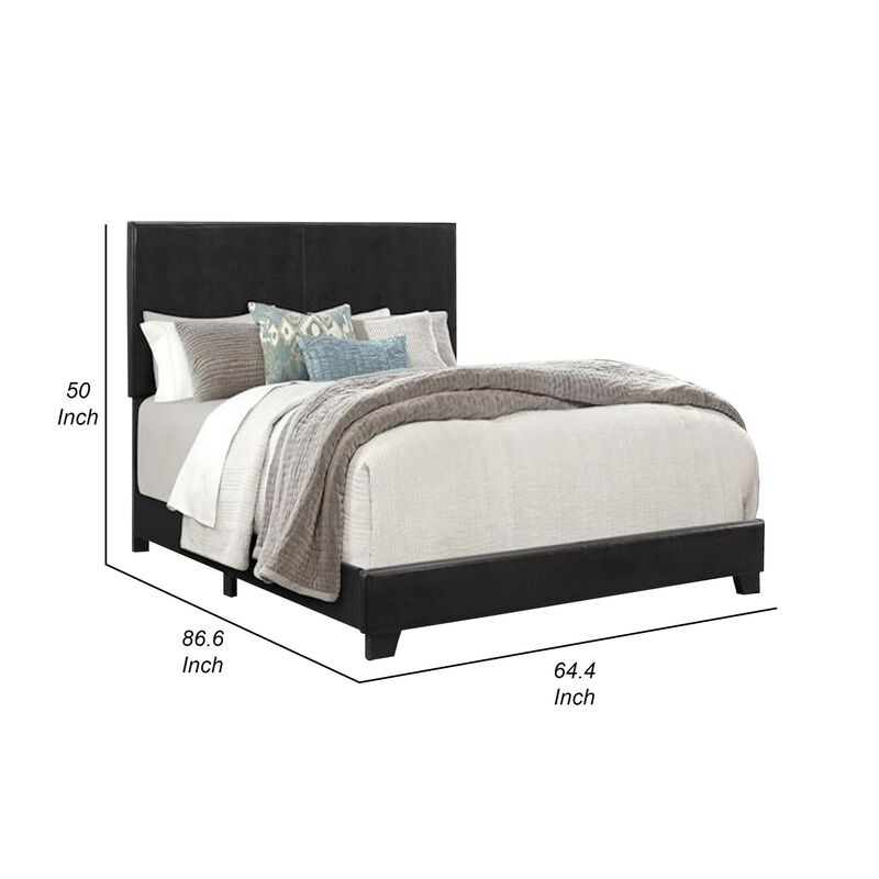 Shirin Queen Size Bed, Wood, Nailhead Trim, Upholstered Headboard, Black - Benzara