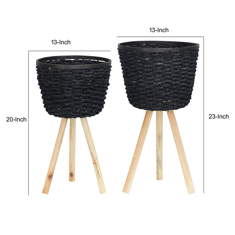 23 Inch Planters, Set of 2, Tri Flared Wood Legs, Black Rope Woven Pots  - Benzara
