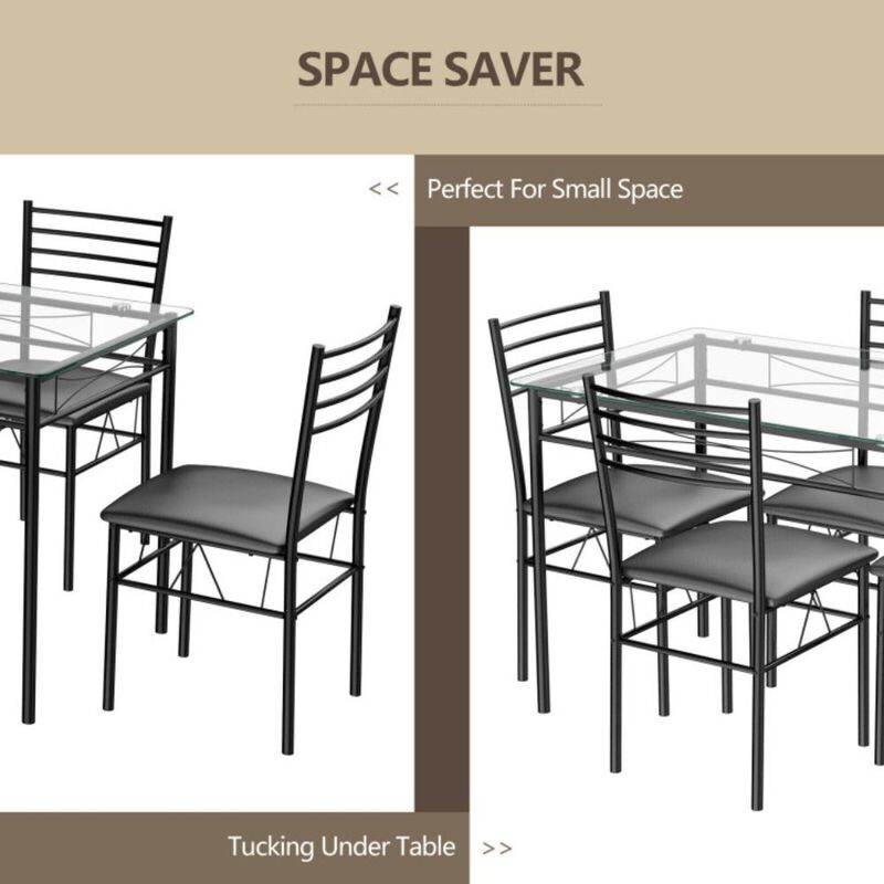 Hivvago 5 Pieces Dining Set with Tempered Glass Top Table and 4 Upholstered Chairs