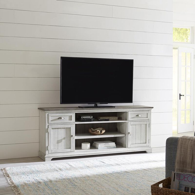 Liberty Furniture Ocean Isle 72 Inch Entertainment TV Stand in Antique White w/ Weathered Pine image number 1