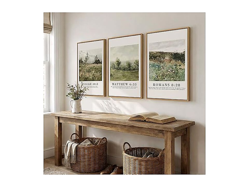 Framed Vintage Christian Wall Art Set 3 Rustic Wildflower Landscape Bible Verse
