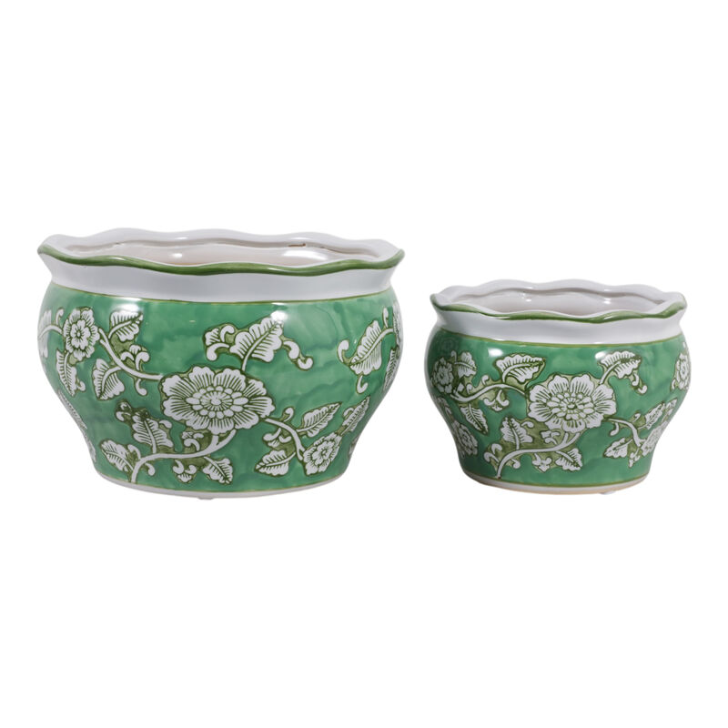 Cer, S/2 6/8" Round Chinoisere Planters, Green image number 0