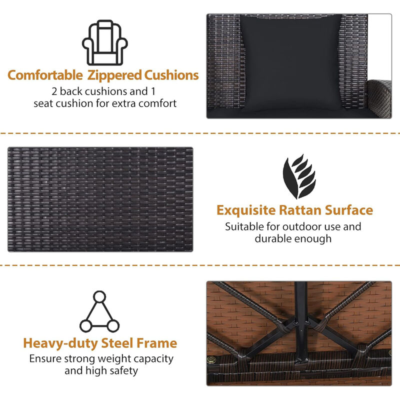 Mondawe 2-Person Wicker Hanging Porch Swing with 2 Back Cushions and 1 Seat Cushion