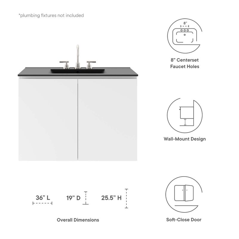 Modway Bryn 36" Modern Wood/Ceramic Wall-Mount Bathroom Vanity in Gray/Black image number 8
