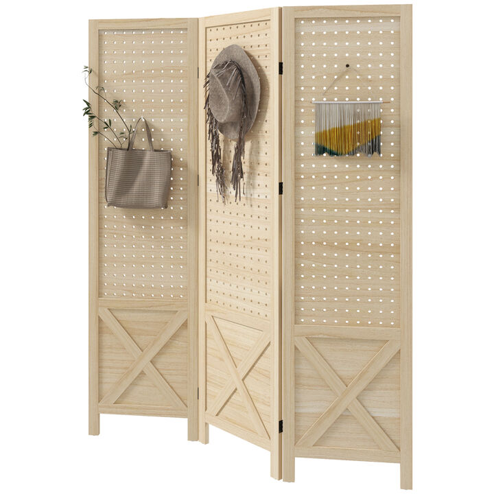 4 Panel Pegboard Display Room Divider, 4.7' Tall Wood Privacy Screen, Natural
