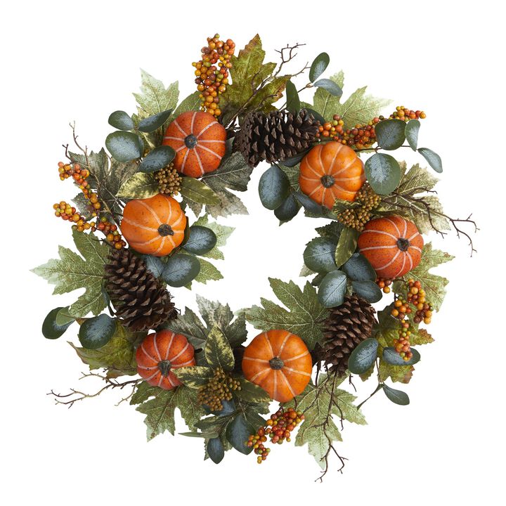 HomPlanti 24" Pumpkins, Pine Cones and Berries Fall Artificial Wreath