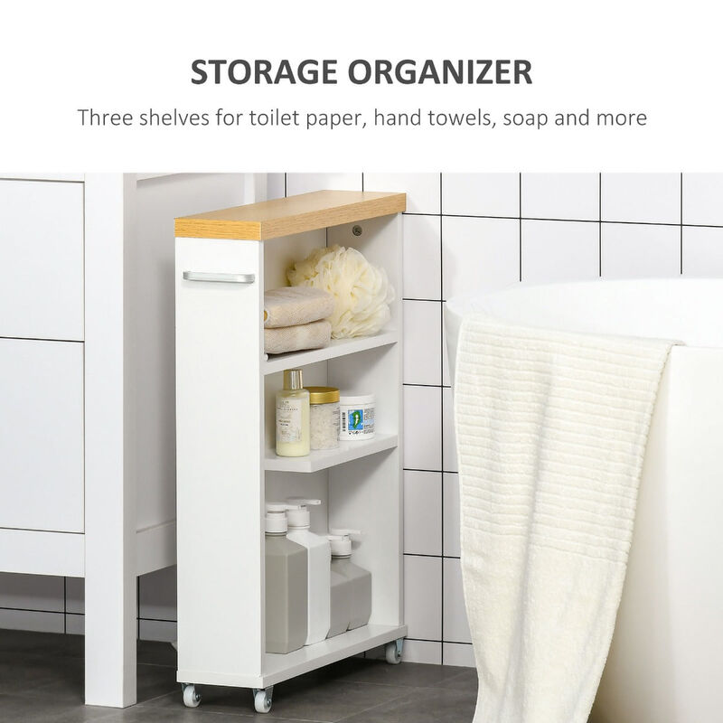 White Bathroom Helper: Slim Rolling Cabinet with Toilet Paper Holder