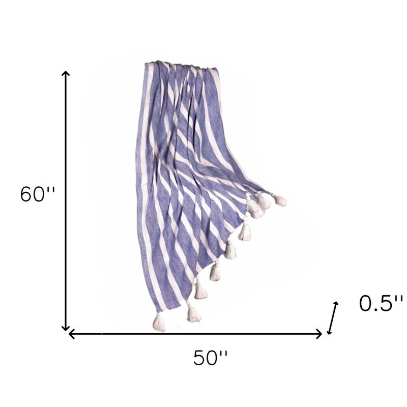 HomeRoots 50" X 60" Blue and White Woven Cotton Striped Throw Blanket with Tassels image number 3