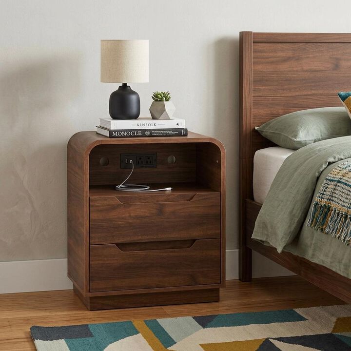 HomeRoots Ashen Fold Wood Two Drawer Nightstand with USB Port and Integrated Tech