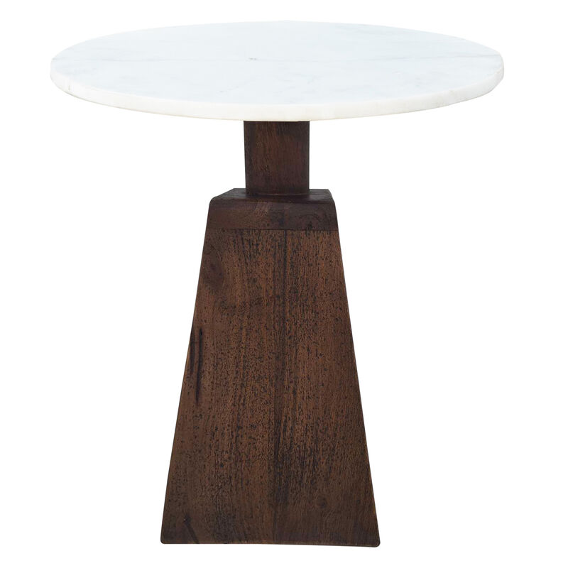 Port Blair Side End Table, Round White Genuine Marble Top with Handcrafted Mango Wood 16.5 Inch image number 4