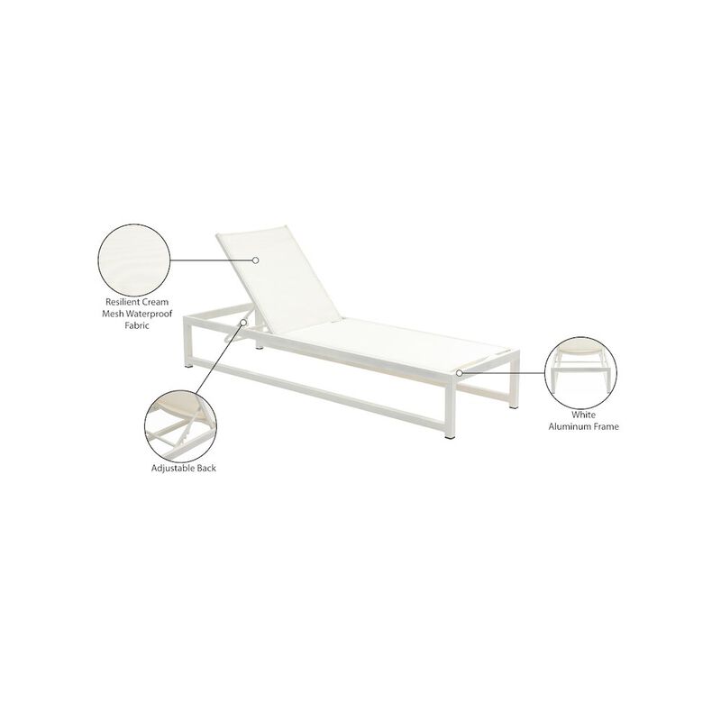 Meridian Furniture Maldives Cream Mesh Water Resistant Fabric Outdoor Patio Sun Chaise Lounge Chair