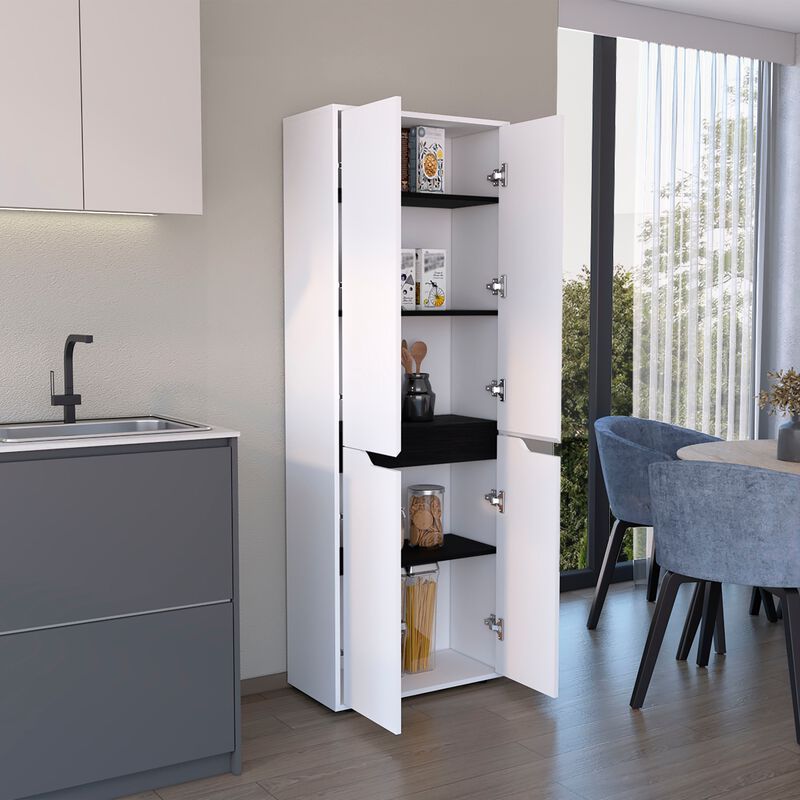 Kitchen Storage Cabinet 67"H, Four Doors, Five Interior Shelves, White/Black