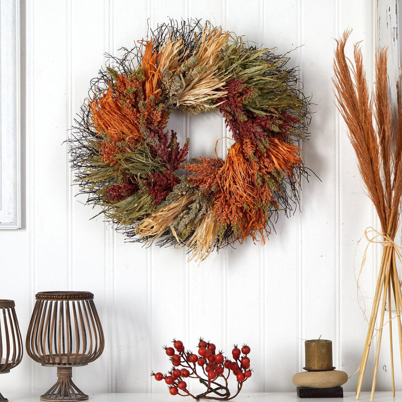 Nearly Natural 26-in Fall Sorghum Harvest Autumn Artificial Wreath