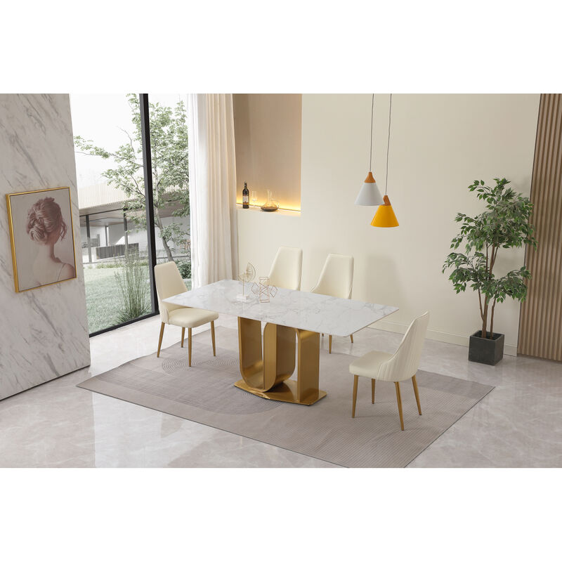 71" Contemporary Dining Table Sintered Stone U Shaped Pedestal Base in Gold finish with 6 pcs Chairs