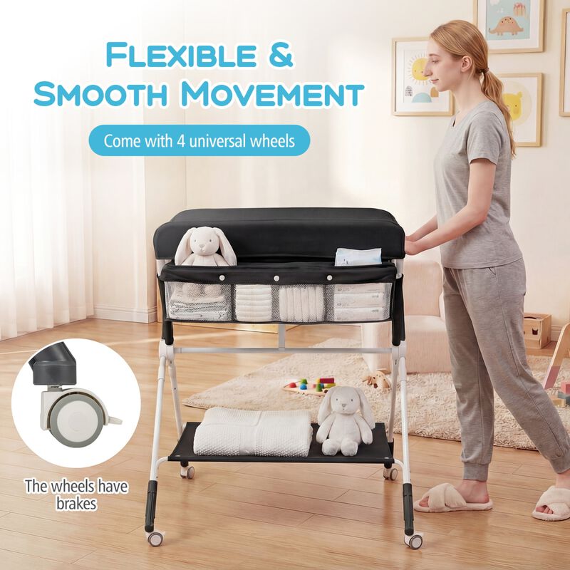 Baby Changing Table with 3 Level Height Adjustment and Storage for Nursery-Black image number 4