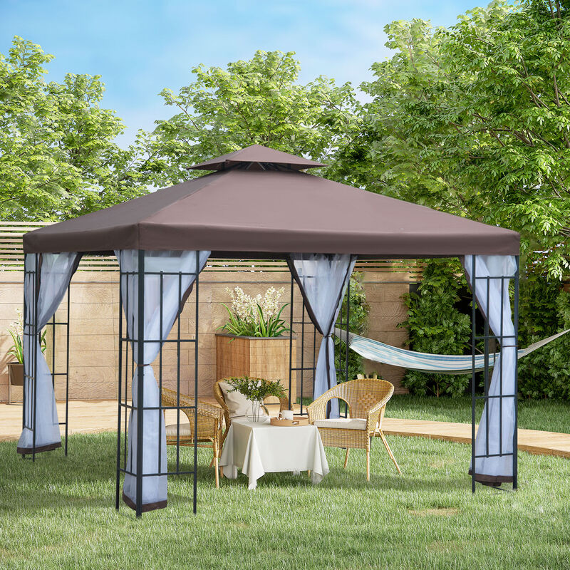 Outsunny 10' x 10' Outdoor Gazebo, Double Roof Outdoor Gazebo Canopy Shelter with Mesh Netting, Steel Corner Frame for Patio, Backyards and Parties, Coffee