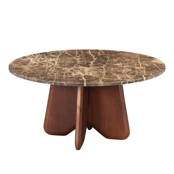Zena 36 Inch Round Coffee Table, Spainish Emperador Marble Top, Brown Mango Wood Cross Legs