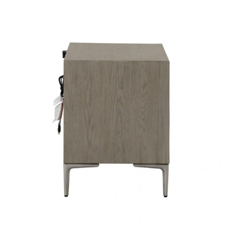 Kaira Nightstand with 2 USB Ports, Textured Metal, Natural Oak Brown