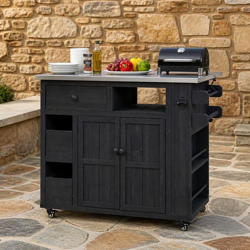 ELEMENT ACE Extendable Solid Wood Outdoor Kitchen Island Grill Table With Storage Drawers Spice Rack For Backyard BBQ And Meal Prep image number 3