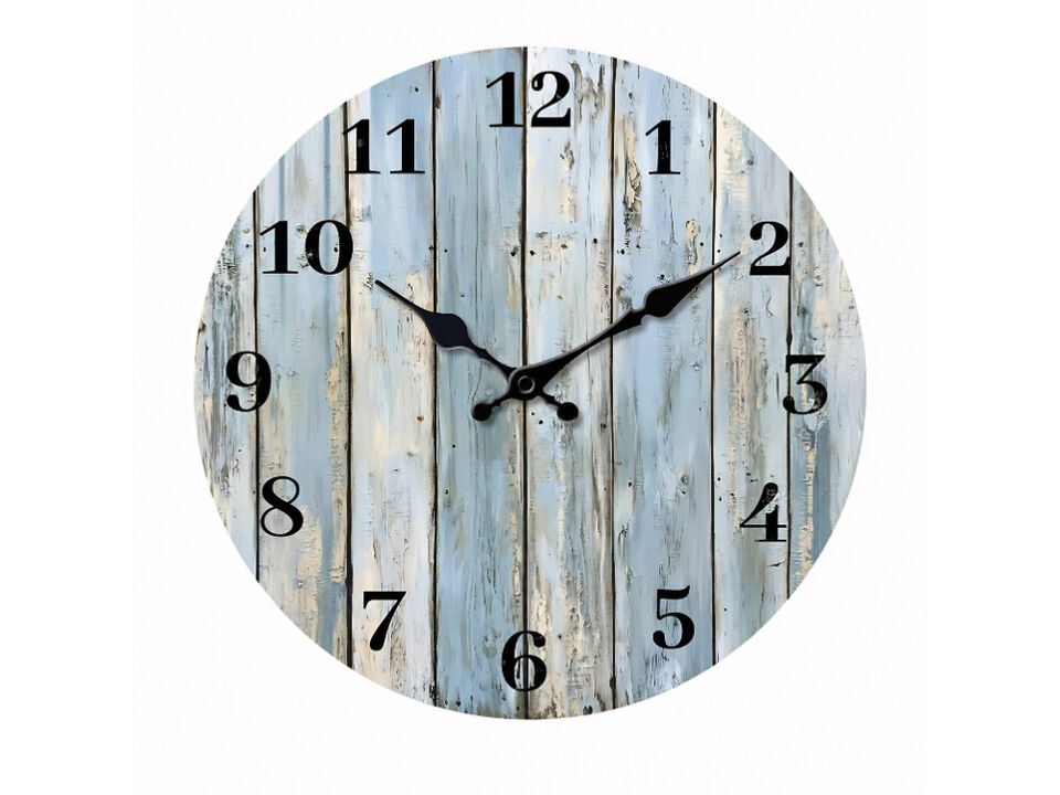 10 Inch Vintage Analog Wall Clock - Silent Battery Operated Blue Wood Decor