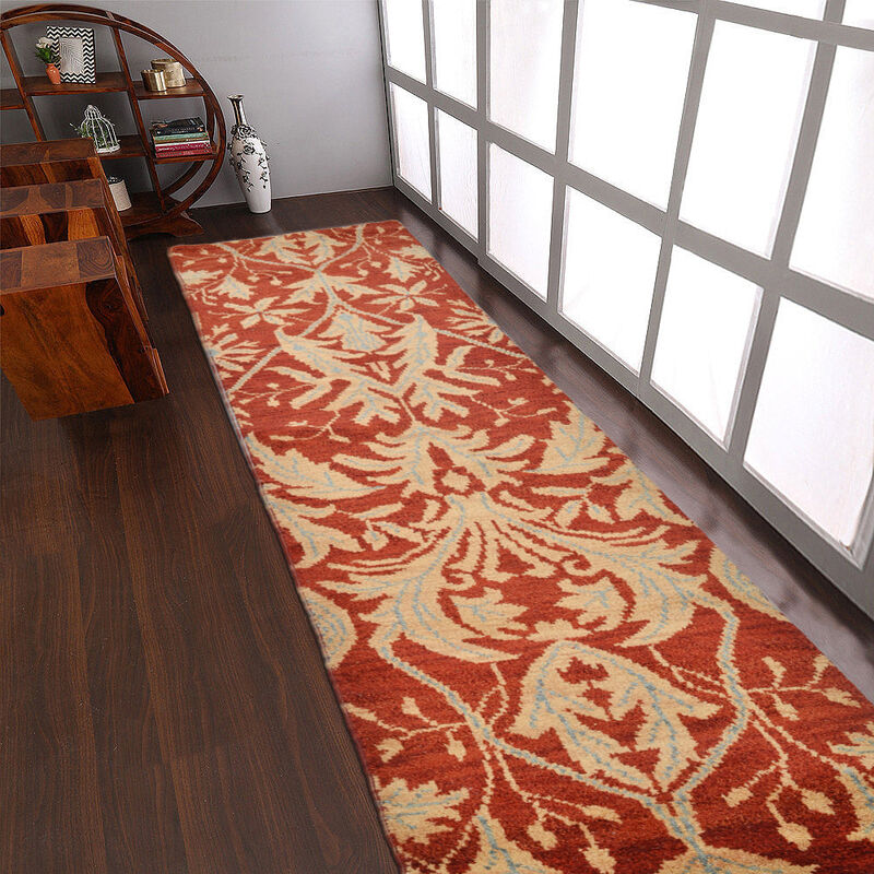 HAND KNOTTED WOOL Floral AREA RUGS  - Runner Shape, Floral Modern, Medium Pile Handmade Area Rugs for Living Room, Bed Room (N00925) image number 1