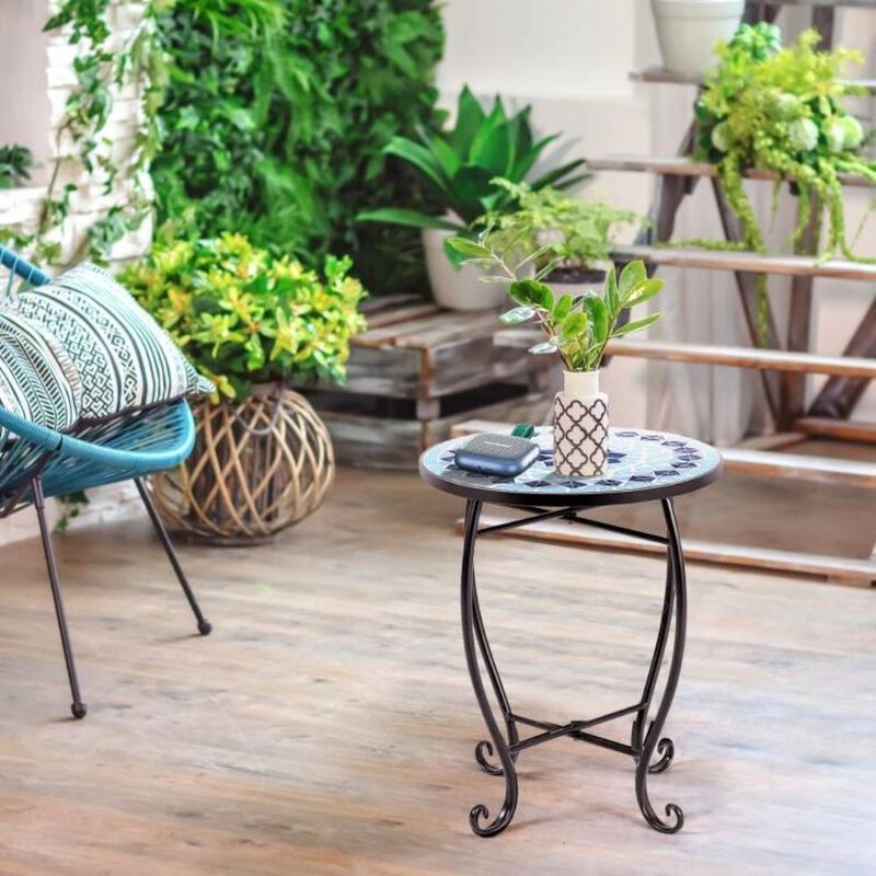 Hivvago Indoor/Outdoor Blue Mosaic Round Side Accent Table Plant Stand