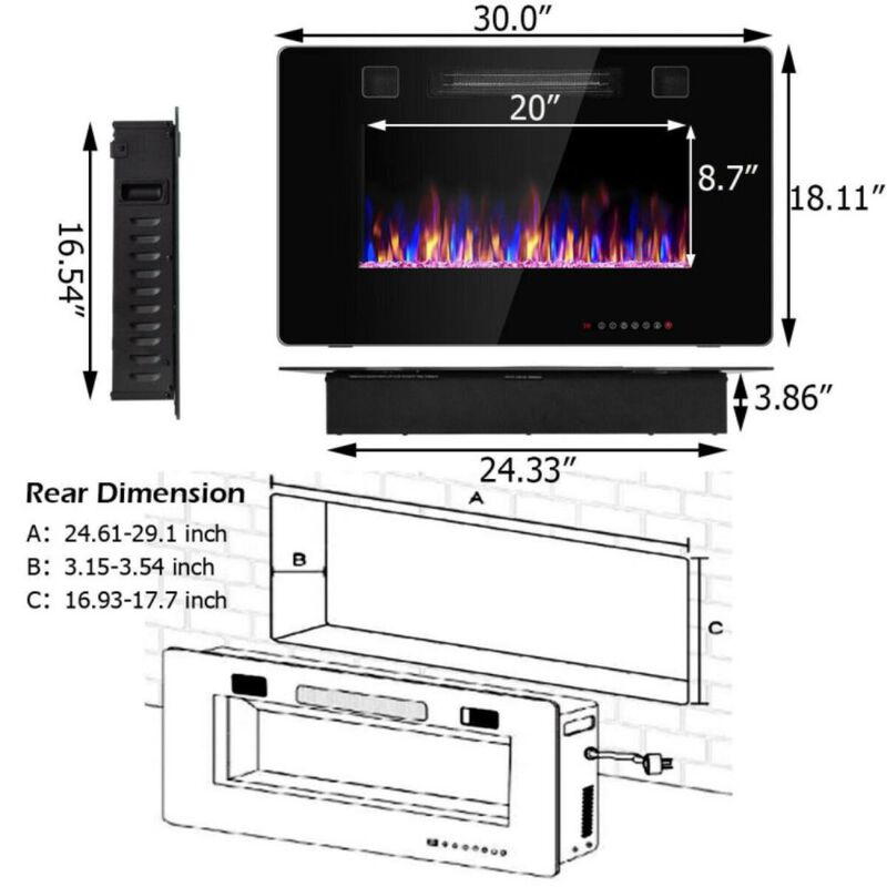 Hivvago 30-Inch Recessed Ultra Thin Electric Fireplace Heater with Glass Appearance