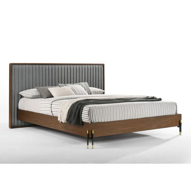 Noe Sia King Size Platform Bed, Channel Tufted Upholstery, Gray, Brown - Benzara