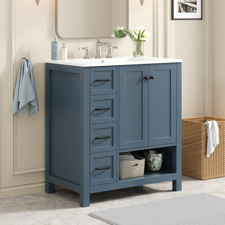 Merax Bathroom Storage Cabinet with Ceramic Basin, 2 Drawers & Door Cabinet