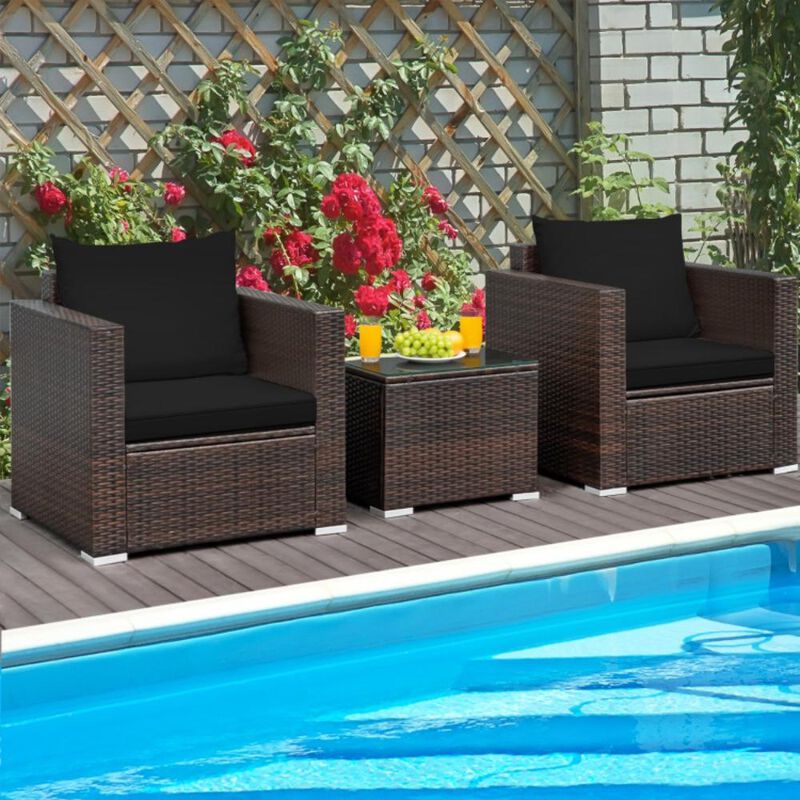 Hivvago 3 Pieces Patio Conversation Rattan Furniture Set with Cushion