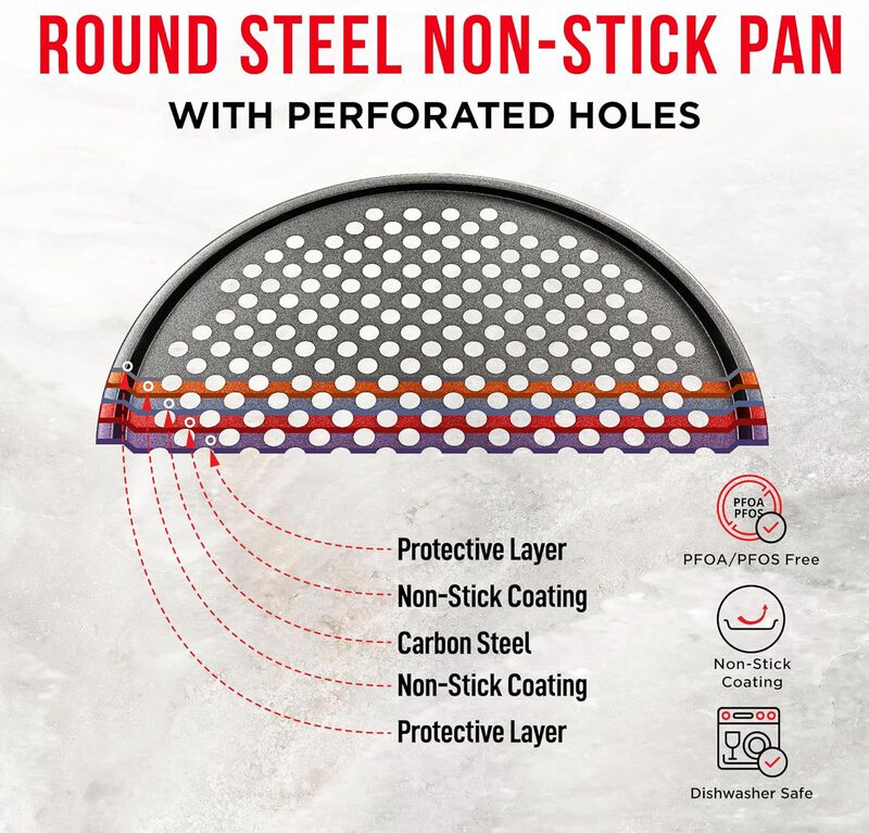 BAKKENMASTER Bakken- Swiss Non-Stick Pizza Pan with Holes - 13-Inch Perforated Pizza Crisper Carbon Steel Pizza Pan - 2 Round Pizza Trays - PFOA PFOS and PTFE Free