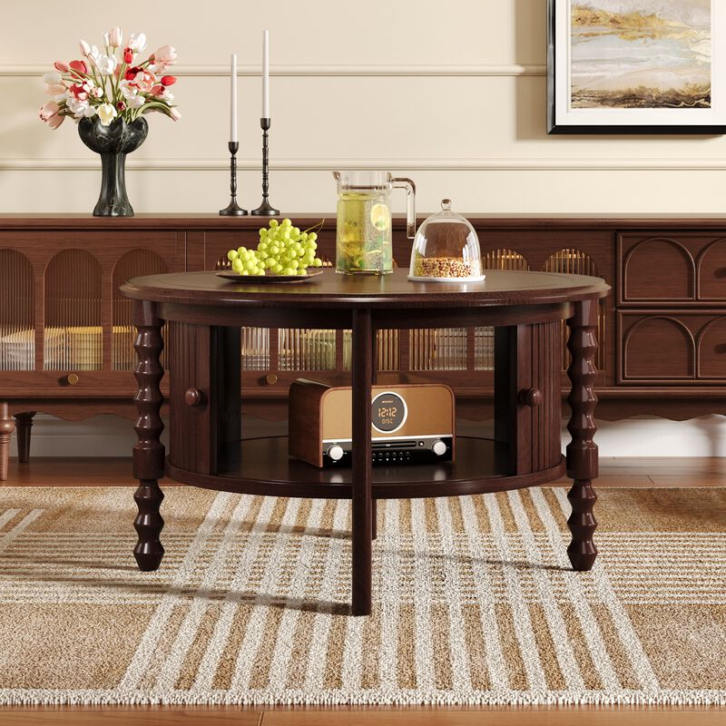 Merax 30.3" Vintage Round Coffee Table with Storage - Mid Century Modern Cocktail Table with Sliding Door & Slatted Design for Small Spaces