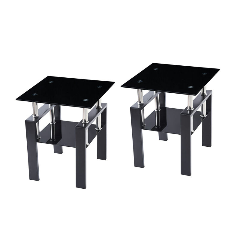 HomeRoots Set of Two Black Glass and Metal Square End Tables With Shelf image number 2