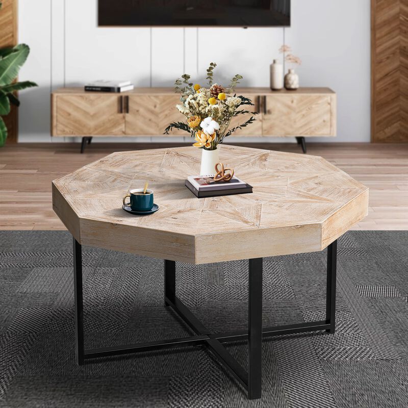 Clihome Wood Octagonal Vintage Patchwork Craft Farmhouse 30 Inch Wooden Table Top  Cross Metal Legs Coffee Table for Living Room image number 1