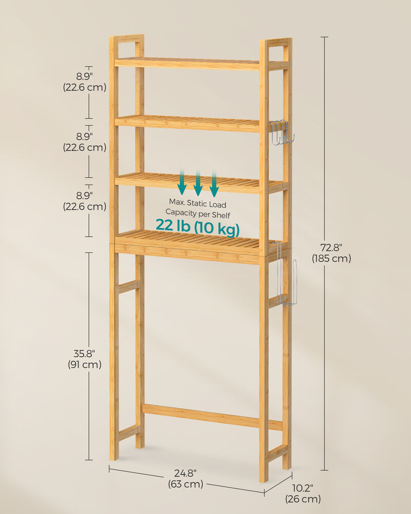 Over-The-Toilet Storage, 4-Tier Bamboo Bathroom Organizer with Adjustable Shelves