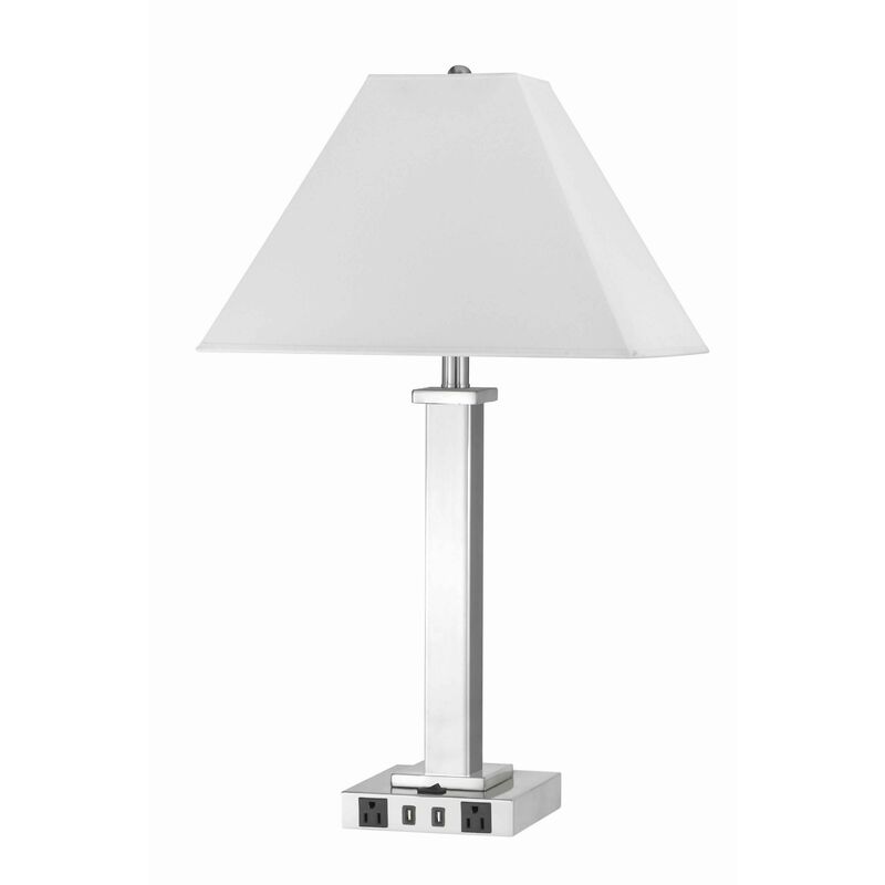 Trapezoid Shade Table Lamp with Metal Base and 2 USB Ports,White and Chrome-Benzara image number 1