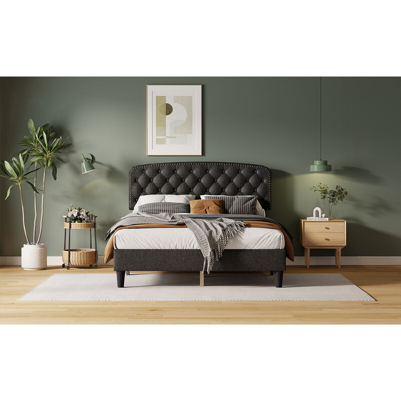 Queen size Adjustable Headboard with Fine Linen Upholstery and Button Tufting for Bedroom, Wave Top Dark Grey