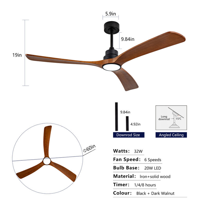60" Solid Wood Blade Ceiling Fan image number 2
