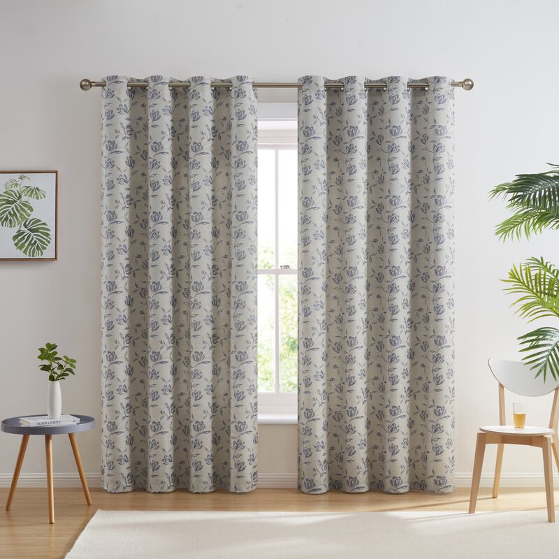 THD Zoey Burlap Flax Linen Floral Jacquard Privacy Light Filtering Transparent Window Grommet Long Thick Curtains Drapery Panels for Bedroom & Living Room, Set
