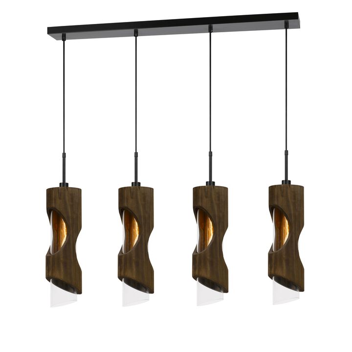 4 Light Metal Frame Pendant Fixture with Wooden and Glass Shades, Brown - Benzara