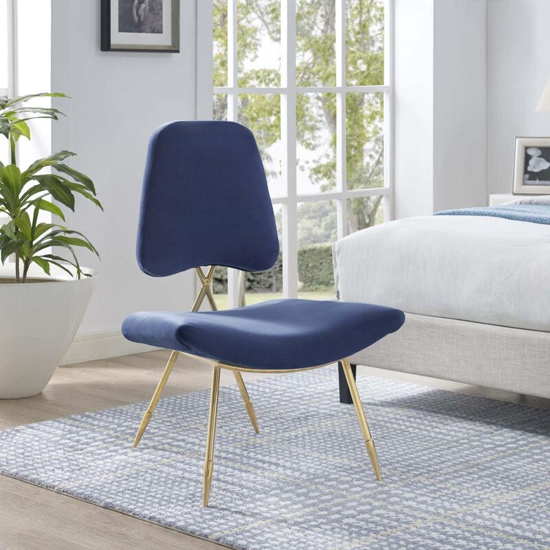 Modway Ponder Performance Velvet Upholstered Modern Lounge Accent Chair in Navy with Gold Stainless Steel Legs